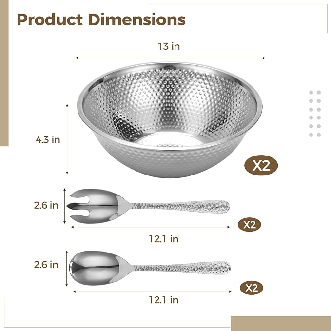 2 Pcs 13 Inch Silver Stainless Steel Salad Bowl Set, 4-Pc Utensil Set | Kitchen mixing bowls for salad, soup, prep, serving, and food storage; silver stainless steel look suits table setups