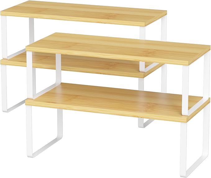 NEX Kitchen Cabinet and Counter Shelf Organizer, Stackable & Expandable, Set of 4, White and Natural - 7.7 x 15.6 x 6.2'' | Stackable Expandable Spice Rack, Space-Saving Pantry Organizers Bathroom Countertop Storage, White and Natural