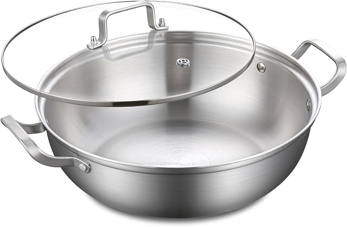 Yeksum Tri-Ply Stainless Steel Saute Pan,Deep Frying Pan with lid,Compatible with All Cooktops Up to 650℉, Everyday Pan,Hot Pot,Kadhai,Induction Cooking Pot,Dishwasher and Oven Safe. (3.5QT)