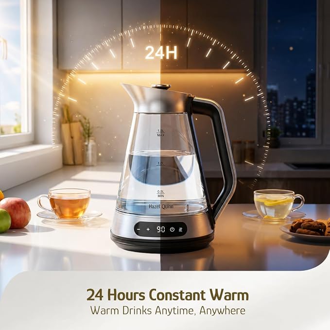 Hazel Quinn Glass & Stainless Steel Electric Kettle, 1.5 Liters Tea Kettle | Quiet Boil, ±1°C Temp Control, 24H Keep Warm, Anti-Residue Bottom, Auto Shut-Off, BPA-Free Hot Water Kettle, 1000W Fast Boil