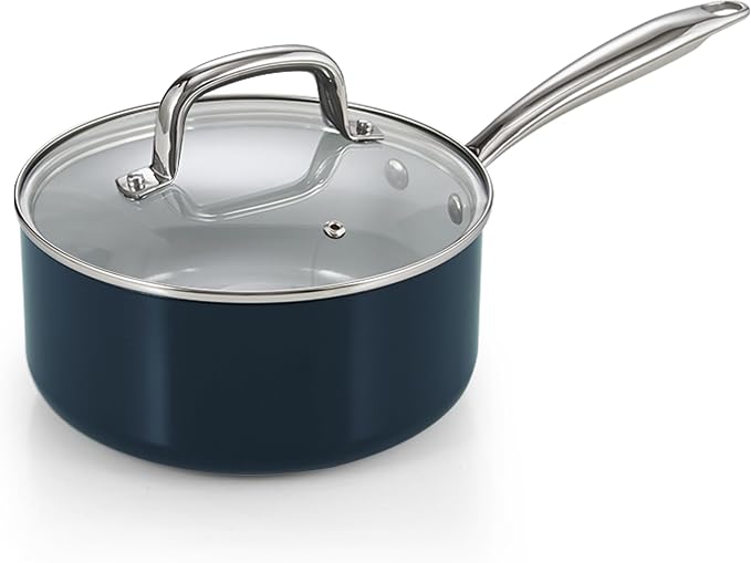Cook N Home Classic 3 Quart Ceramic Nonstick Saucepan with Glass Lid, Everyday Soup Pasta Oatmeal Cooking Pan, Non Stick Sauce Pan Pot, Stay-Cool Handle, Induction Ready, Blue
