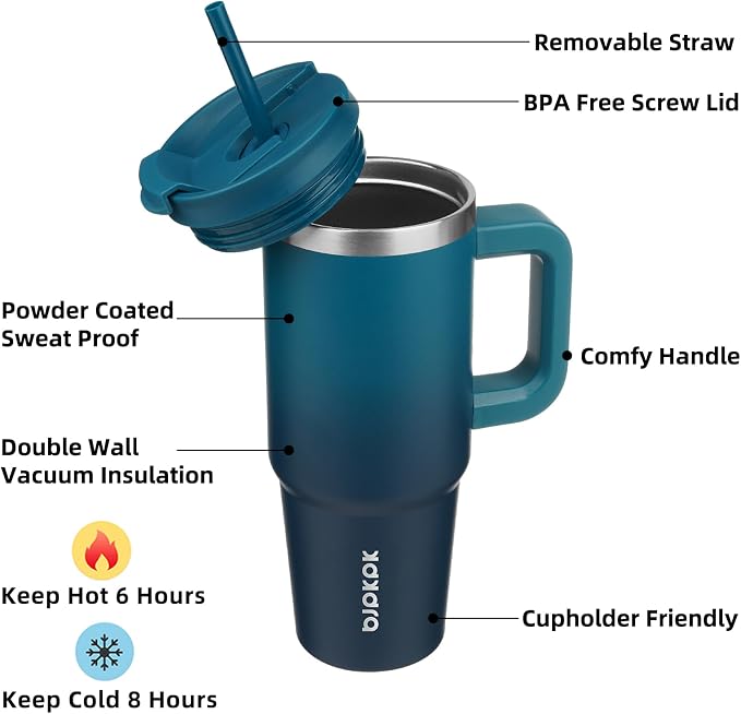 BJPKPK 30 oz Insulated Tumbler with Handle & Straw, Stainless Steel | Double Wall Vacuum Insulation, Leak Proof, BPA Free, Dishwasher Safe, Cupholder Friendly, Travel & Outdoor, Indigo Black