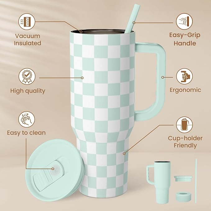 Checkered Tumbler with Handle 40oz, Mint Checker Cup Stainless Steel Insulated Tumblers Coffee Travel Mug Cups with Straw, Gifts for Women Girls Teen Birthday Christmas