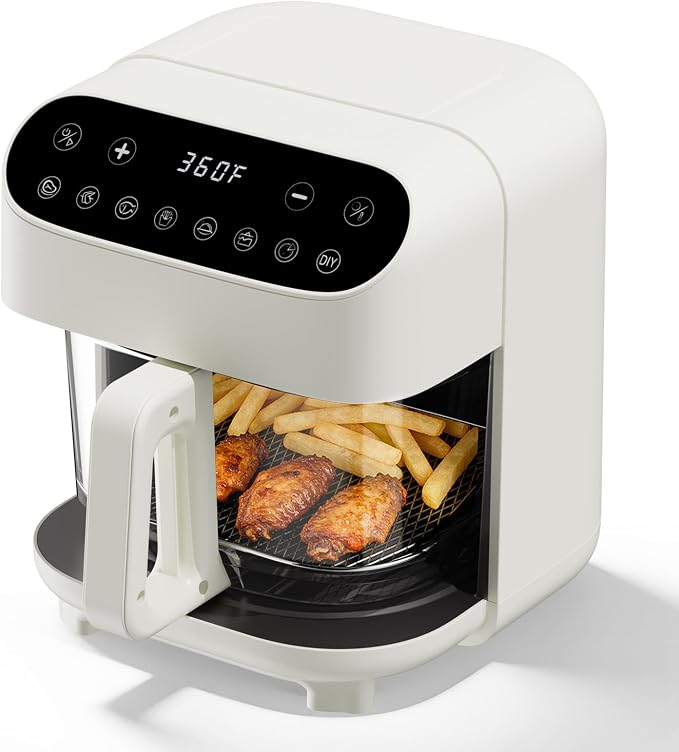 5 QT Glass Air Fryer, Non Toxic Airfryer with Digital Touch Control | 8 Preset Modes, PTFE/PFAS Free, BPA-Free, Uncoated High Borosilicate Glass Basket, Dishwasher Safe, White