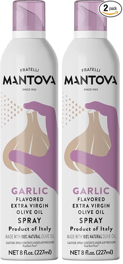 Mantova Extra Virgin Olive Oil Spray Garlic Flavored 8 oz. Spray Bottle - Manage Oil Amount - Great For Salads & Cooking (Pack of 2)