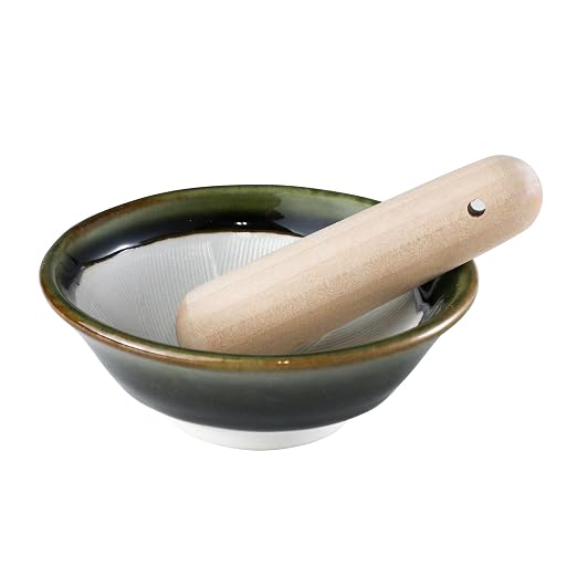 Asayu Japan Ceramic Mortar Bowl 4.29in (109mm) with Wooden Pestle, Made in Japan Dishwasher and Microwave Safe Ripple Ridge Suribachi and Surigoki Set - Olive Green Mortar and Pestle Set