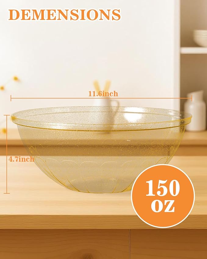 BESTVIP 150 Oz Glitter Gold Plastic Serving Bowls, 4 Pack | 11.6-Inch Disposable & Reusable Bowls for Salad, Snacks, Chips & Candy, Stackable for Parties, Holidays & Meal Prep