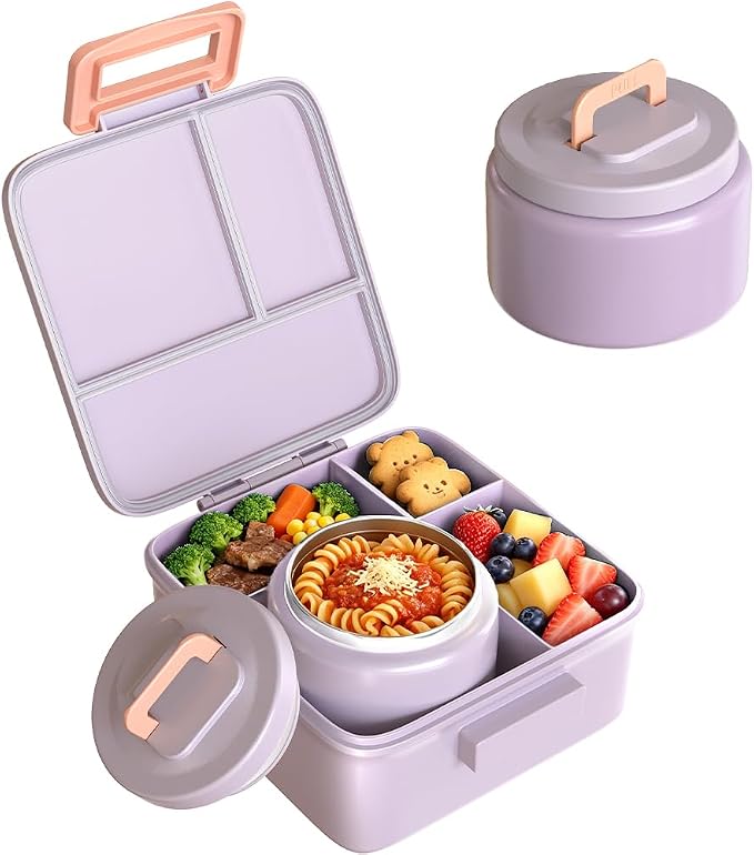 Bento Lunch Box for Kids with 8oz Thermo Containers for School,Camping | Vacuum Insulated Food Jar,Leakproof Silicone-Seal,5 Compartments with Dividers,Dishwasher & Refrigerator Safe,BPA-Free