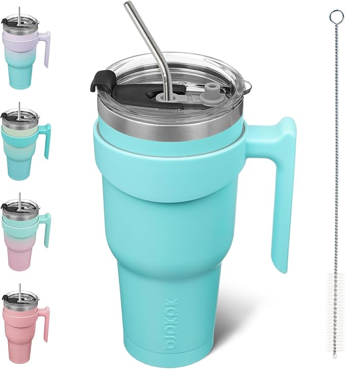 BJPKPK 40 oz Tumbler with Handle & Straw, Insulated Stainless Steel Mug | Double Wall Vacuum, Keeps Hot/Cold, Thermal Cup, BPA Free, Dishwasher Safe, Cupholder Fit, Coffee & Travel, Turquoise