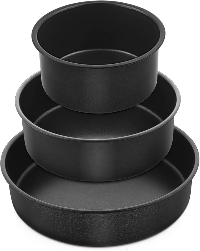E-far Cake Pan Set of 3(4/6/8 Inch), Nonstick Stainless Steel Cake Pans | Round Baking Tins for Birthday/Wedding Layer Cakes, Stainless Steel Core & Non-toxic Coating, Straight Side & 2 Inch Deep