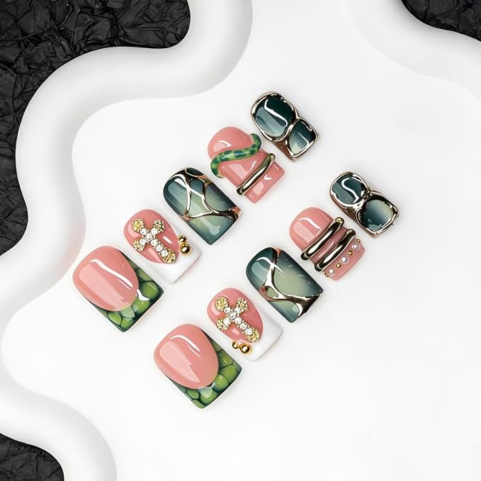 Handmade Square Press on Nails Green French Tip Short Stick on Nail 3D Silver Embossed Designs Luxury Rhinestone Pearl False Nails Muti-Layer Gel Acrylic Nails for Women Manicuare 10 Pcs（L)