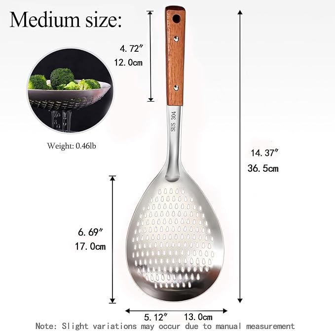 Food-Grade Stainless Steel Spider Strainer Wooden Handle for Pasta | Mediun fine mesh draining spoon, multipurpose kitchen colander strainer, metal strainer, ideal for filtering food and veggies