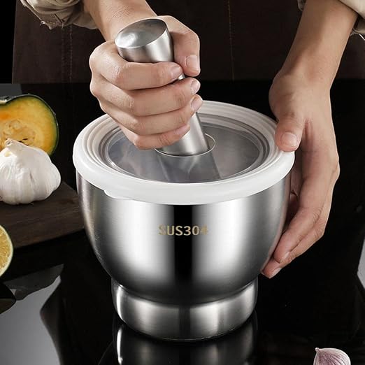 Mortar and Pestle Set 5 Inch Large Capacity Stainless Steel Heavy Polished, Enhanced Performance Spice Grinder with Lid