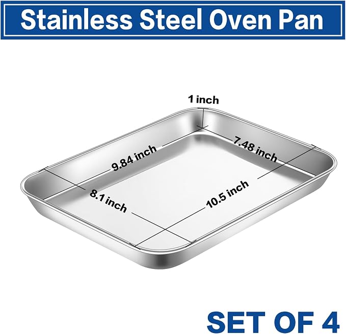 P&P CHEF Baking Sheet Pan, Stainless Steel Cookie Sheet, 10.5 Inch & 4 Pcs | Oven Tray Sheet Pan for Baking & Serving, Baking Tray for Multi Uses, Heavy Duty & Non-toxic, Rust Free & Dishwasher Safe