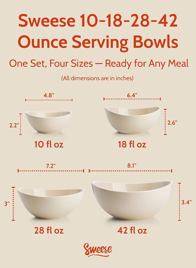 Sweese Porcelain Serving Bowls Set for Entertaining, Multipurpose 10-18-28-42oz, Beige