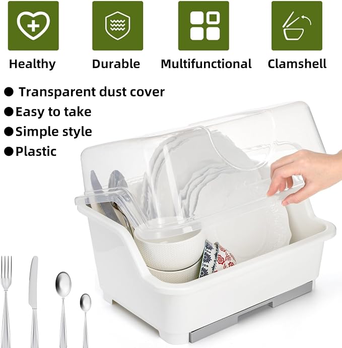 Plastic Dish Drying Rack with Clear Cover Lid, Dust-Proof | Desktop Plate Cup Dryer Holder with Lid Cover, Cutlery Utensil Dish Nursing Bottle Organizer for Tableware, Kitchen Cabinet