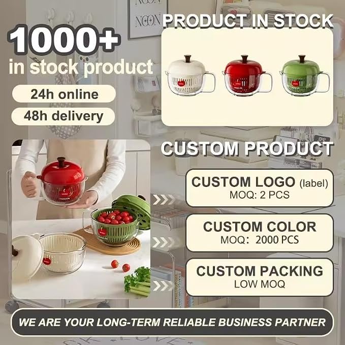Apple Shaped Salad Spinner Double Layer Vegetable Dryer Washer, High Speed Hand Crank Colander with Lid, Detachable Drain Basket for Kitchen Prep Accessories For Home, Camping, Picnic