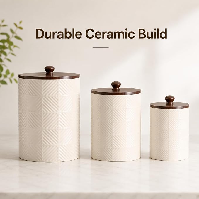 Canisters Sets for the Kitchen with Airtight Bamboo Lids, Ceramic|Set of 3