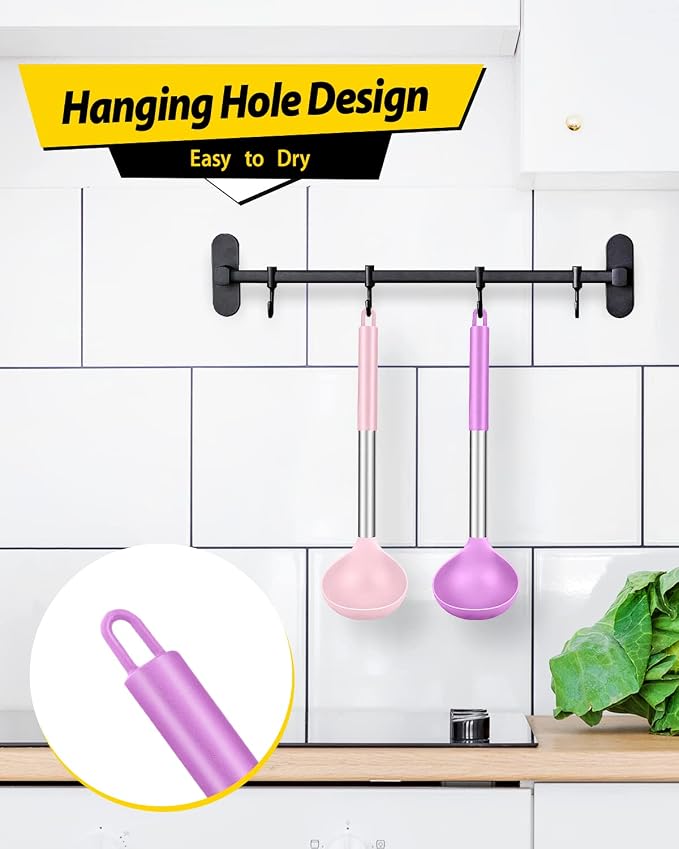 BUNDLEPRO Silicone Ladle Spoon Kitchen Utensils, 2 Pack, Pink-Purple | Non Stick, High Heat Resistant, BPA Free, Ideal for Cooking, Stirring,Serving Soups