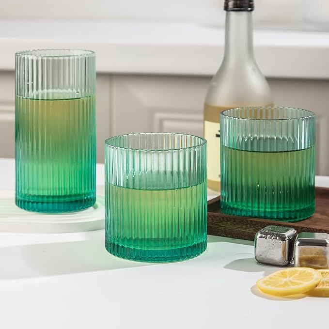 Ribbed Drinking Glasses 8pcs, 12oz and 10oz Glassware, Tumbler Glasses Cup Set for Wedding, Party, Christmas Gift, Green