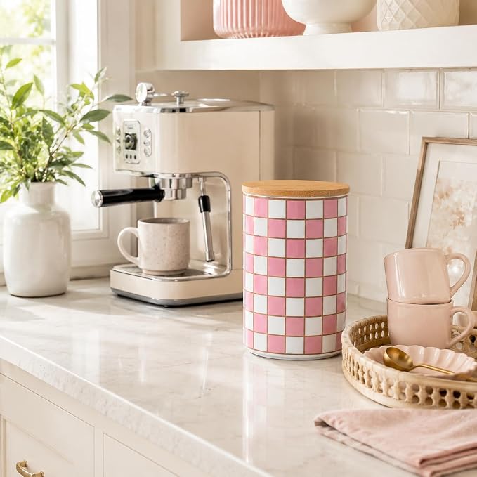 Kitchen Countertop Ceramic Checkered Canisters,Black And White Food Storage Containers With Lid,Airtight Kitchen Canisters for Flour, Sugar, Coffee, Tea, and Dry Goods (Pink, XL)
