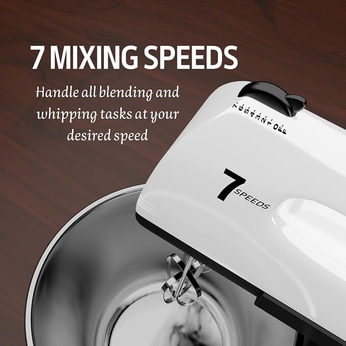 Stand Mixers, 7 Speeds With 3QT Stainless Steel Bowl, Stand and Hand Mixer with Dough Hook, Whisk, Mixing Beater for Baking, Cake, Cookie, Kneading (Silver)