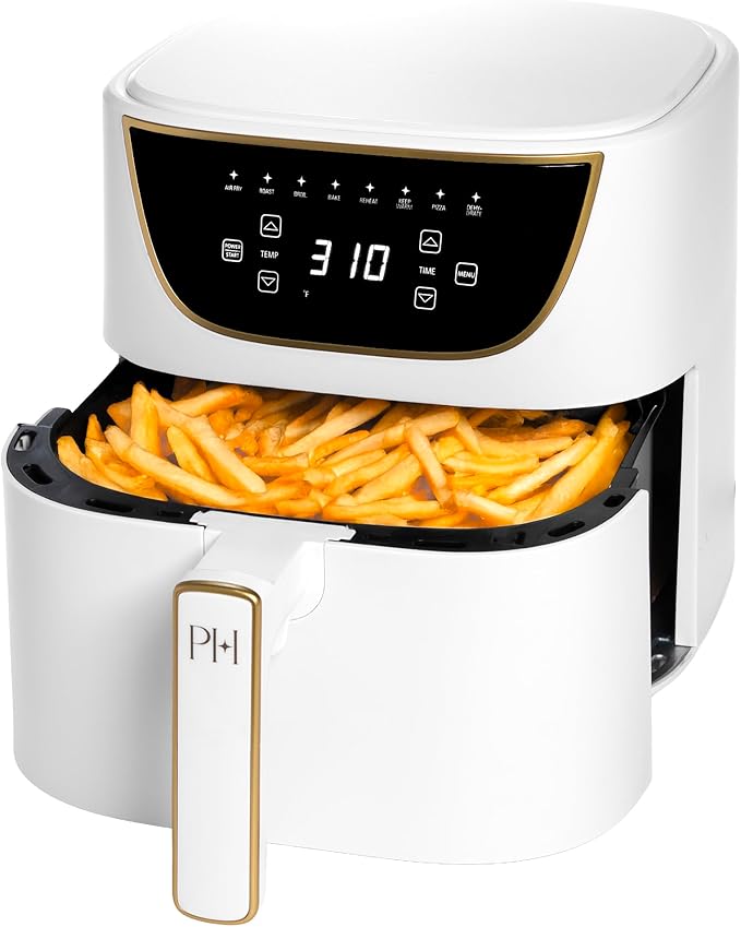 Paris Hilton 6-Quart Air Fryer, Nonstick Basket Made Without PFAS, Touchscreen, 8-in-1 (Fry, Roast, Broil, Bake, Reheat, Keep Warm, Pizza, Dehydrate), Dishwasher Safe Basket and Crisping Tray, White