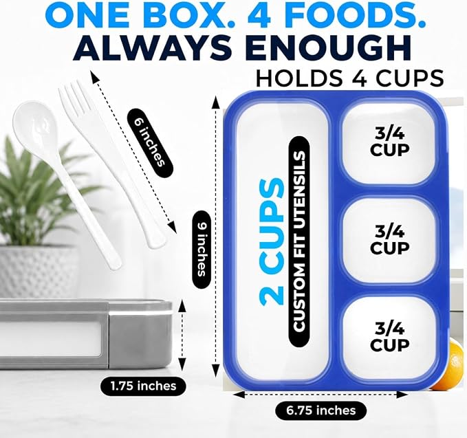 kinsho Bento Box for Kids Lunch-Boxes for Adults | Portion Snack Containers for Boys Toddlers Pre-School Daycare Work Lunches BPA Free | 4 Compartments, Gray Blue, 2 pack