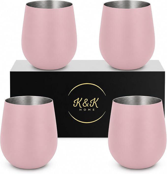 K&K Home Stainless Steel Unbreakable Stemless Wine Glasses - 15 oz - Set of 4 Colored, Stemless Metal Wine Glasses Perfect for Outdoors, Weddings, and Parties (Pink)