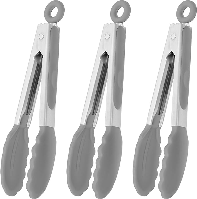 HINMAY Small Serving Tongs with Silicone Tips 7 Inch Mini Stainless Steel Food Tongs, Set of 3 (Gray)