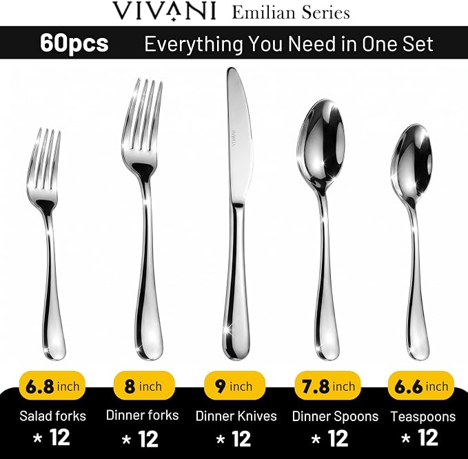 VIVANI 60-Piece Silverware Set for 12, Stainless Steel Flatware Set | Dishwasher Safe Cutlery Set, Ergonomic Handle, Rust Resistant for Large Gathering, Restaurant, Dinner Party, Housewarming