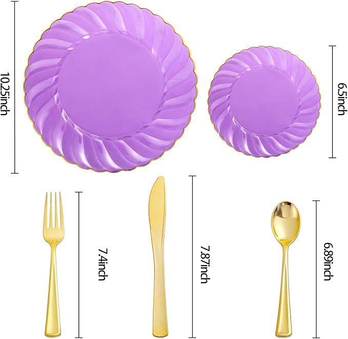 YOUBET 125PCS Clear Purple Plastic Plates with Gold Rim for Wedding | Clear Purple Disposable Plates Include 25 Dinner Plates 25 Dessert Plates 75 Gold Silverwares for Birthday Parties