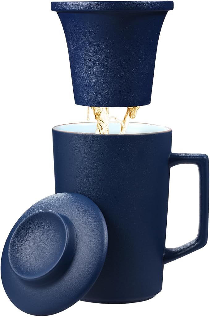 15 oz Ceramic Tea Infuser Cup with Lid - Tea Mug with All Porcelain Strainer for Loose Leaf Teas,Microwave and Dishwasher Safe,Metal-Free,BPA-Free for Tea Lovers/Birthday (Blue)