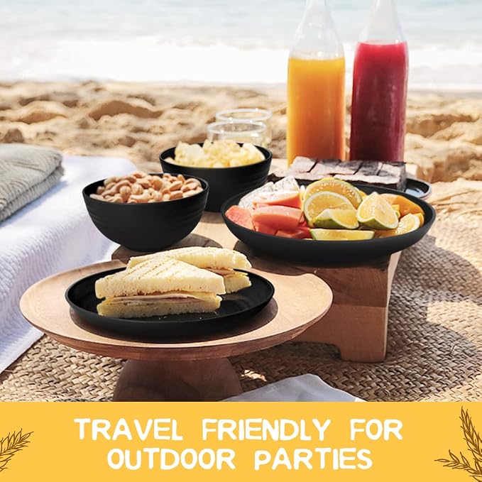 Teivio 32-Piece Plates and Bowls Sets for 8, Deep Black Dinnerware Sets | 13.5oz Cups, Plastic Wheat Straw Unbreakable Dish Set, Dishwasher Safe, for Outdoor Camping RV Apartment Essentials Plate Set