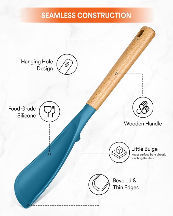 Multifunction Cooking Spoons for Nonstick Cookware,11.4"&13.4",TURQ | Great for Cooking and Serving, Sturdy BPA-Free Matte Silicone, Wood Handle spoonula for Mixing, Scoop, and Scrape