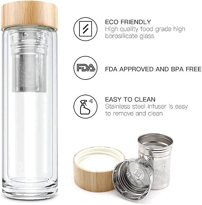 Tea Bottle, 14 oz, Borosilicate Glass, Double Wall, Infuser & Strainer, Bamboo Lid, 400ml