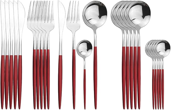 Silver Silverware Set, 24-Piece Stainless Steel Flatware Set Service For 6, Mirror Polished Red Handle Tableware Cutlery Set Knife Fork And Spoon For Home & Restaurant, Dishwasher Safe