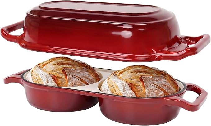 Double Dutch Oven Pot with Lid, 2.2QT Enameled Cast Iron Bread Loaf Pan, Mini Dutch Oven For Sourdough Bread Baking, 500°F Oven Safe Non Stick Dual Round Bread Pan, Bread Oven, 16.5cm Diameter, Red
