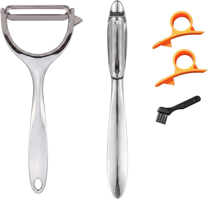 Vegetable Peeler for Kitchen with 2 Orange Citrus Peelers 1 Brush | Ultra Sharp Stainless Steel Swivel Blade,Non-Slip Left Hand Friendly, Easy Peeling for Potatoes, Carrots, Apples and Fruits