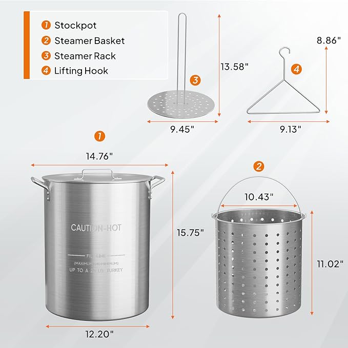 Bonnlo 30QT Aluminum Stock Pot for Boiling Seafood, Crawfish & Crab, Frying Turkey & Steaming Tamales, Large Boil Pot with Strainer Basket, Lid, Lifting Hook & Steamer Rack for Outdoor Cooking