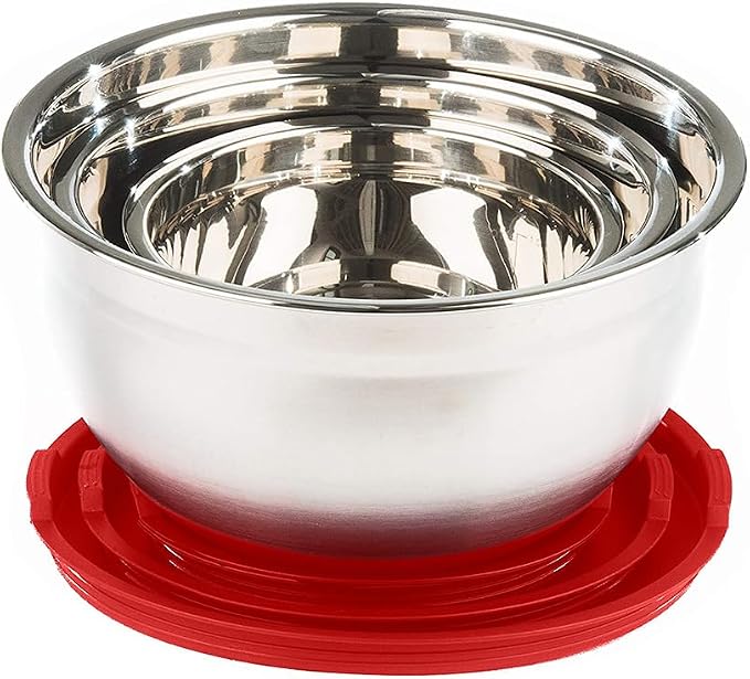 Stainless Steel Mixing Bowls with Lids and Non Slip Bases (Set of 5, Red)