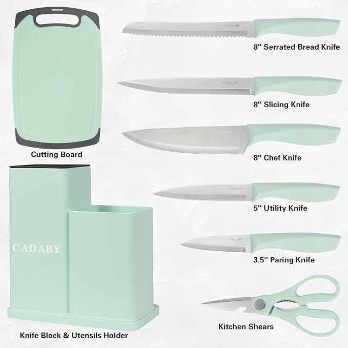 19PCS Green Kitchen Cooking Utensils Set Kitchen Tools Set | 6 Stainless Steel Knives, 11 Silicone Utensils with 1 Cutting Board, Ideal for Apartment