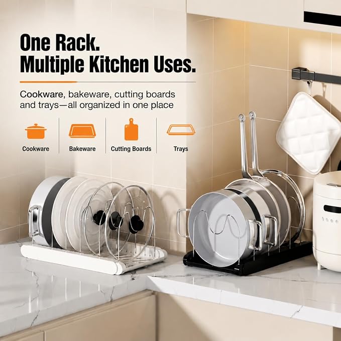 Expandable Pots and Pans Organizer Under Cabinet, Pan Organizer Rack with 9 Adjustable Slots, Pot Lid Holder for Cabinet, Countertop, Plates, Cutting Boards, Baking Sheets-White