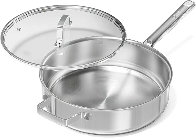 COOKER KING 3.6Qt Sauté Pan w/Lid, Stainless Steel Deep Skillet for Frying | Non-Toxic Uncoated Cookware, Dishwasher & Oven Safe, Induction Ready, Stay-Cool Handle, 3-Ply Clad for Fast Heat