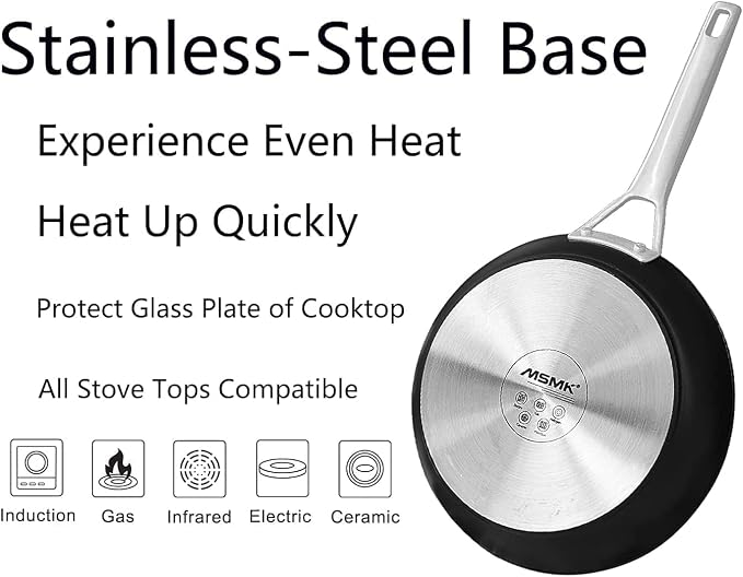 MsMk 7-Piece Nonstick Frying Pan Set with Lid, Induction Cookware Sets | Non Toxic, Even Heating, Easy Clean, Dishwasher & Oven Safe, suitable for gas & electric & induction stoves, Stainless Steel