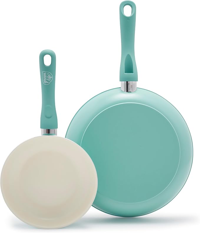 GreenLife 2 Piece (7” & 10”) Ceramic Nonstick Frying Pan Set, Turquoise | PFAS-Free Nonstick Coating, Family Skillet Set, Egg Pan, Omelet Pan, Stay-Cool Handles, Dishwasher & Oven Safe up to 350F