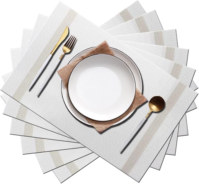 PIGCHCY Luxurious Placemats Set of 6, 18 x 12 inches Elegant Placemats Non-Slip Washable Durable Table Mats for Home/Dining Room Decoration (White)