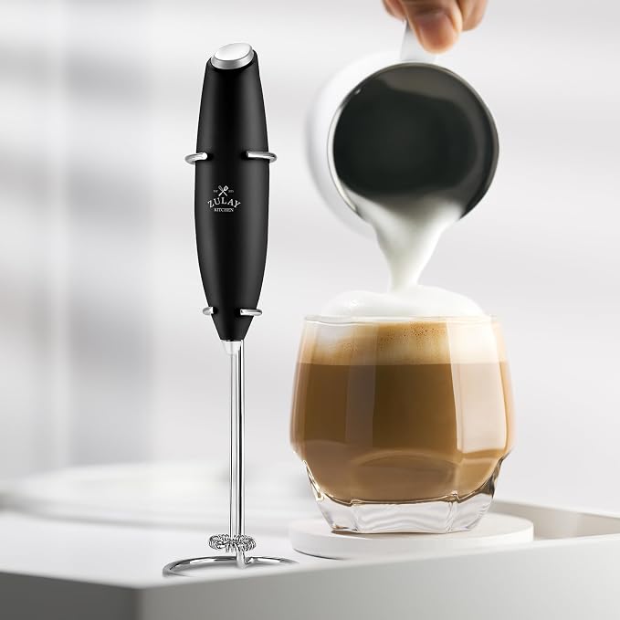 Zulay Premium Gift Milk Frother Set – Handheld Coffee Frother with Stand, 12oz/350ml Frothing Pitcher + 4 Latte Art Stencils – 13,000 RPM Motor, SS Whisk, Battery Operated – Barista Kit (Black)