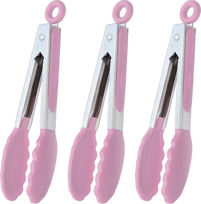 HINMAY Small Serving Tongs with Silicone Tips 7-Inch Mini Tongs, Set of 3 (Pink)
