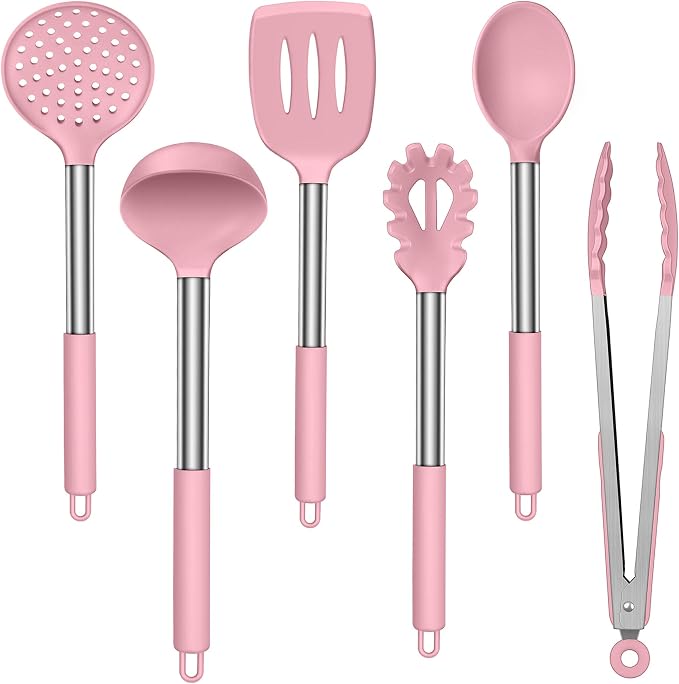 LIANYU Silicone Kitchen Utensils, 6 Pcs Cooking Utensils Spatula Set, Pink | Slotted Turner, Spoon, Soup Ladle, Pasta Server, Skimmer, Tongs for Nonstick Cookware, Heat Resistant, Stainless Steel Handle